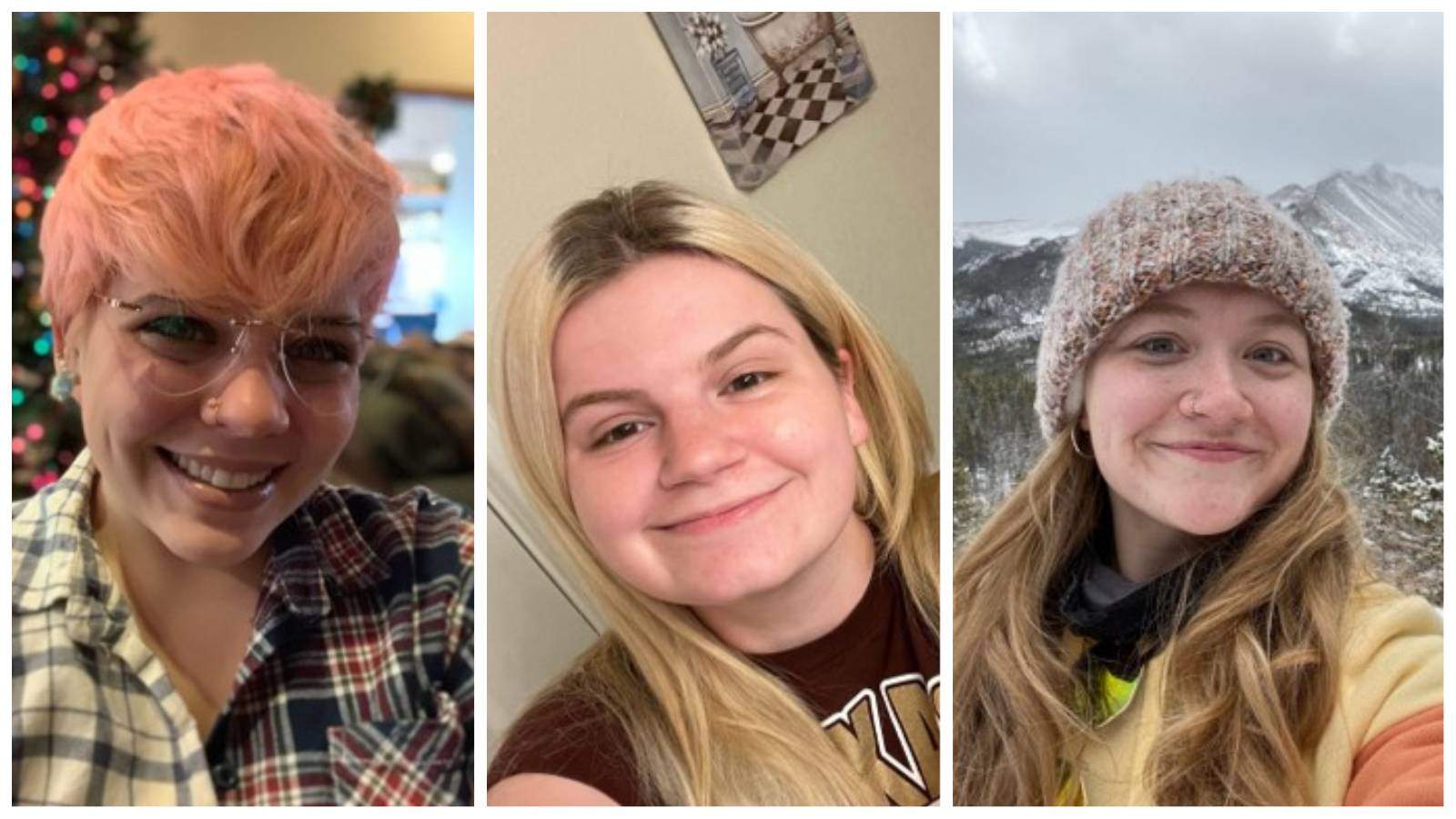 Collage of three women: one with pink hair and glasses, christmas tree in background, one with blonde hair, wall in background, one with blonde hair and a beanie, snow-capped mountains in background