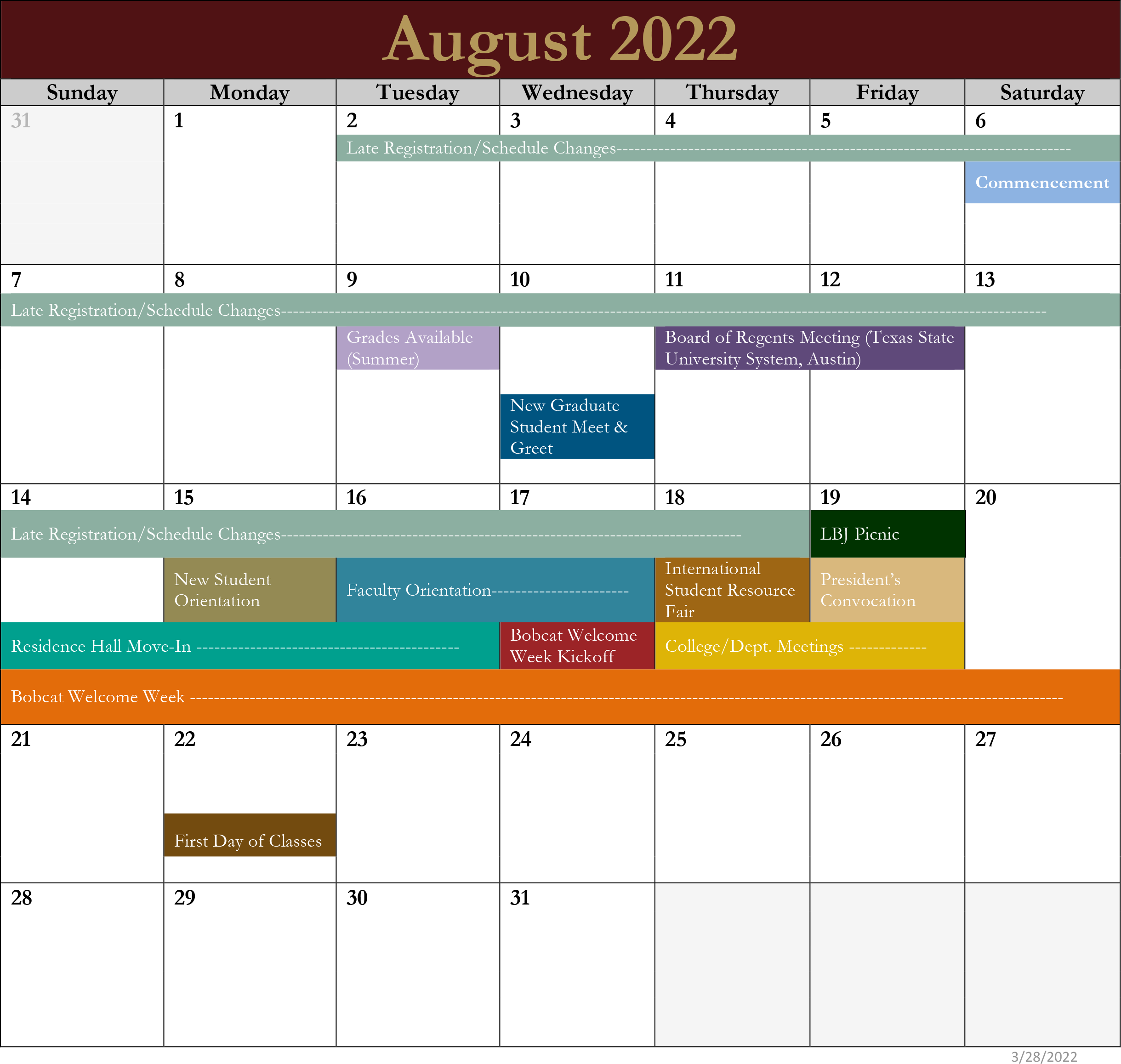 Texas State Academic Calendar 2022 August Activities Calendar : Office Of The University Registrar : Texas  State University