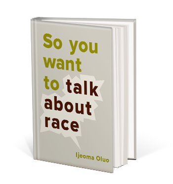 Tan cover with title, talk about race portion in white outline