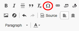 The special character icon on the rich editor appears as an omega character.