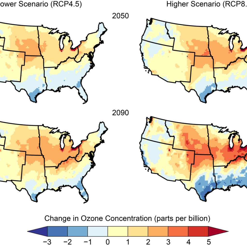 projected changes in summer averages of the maximum daily 8-hour ozone concentration (as compared to the 1995–2005 average)