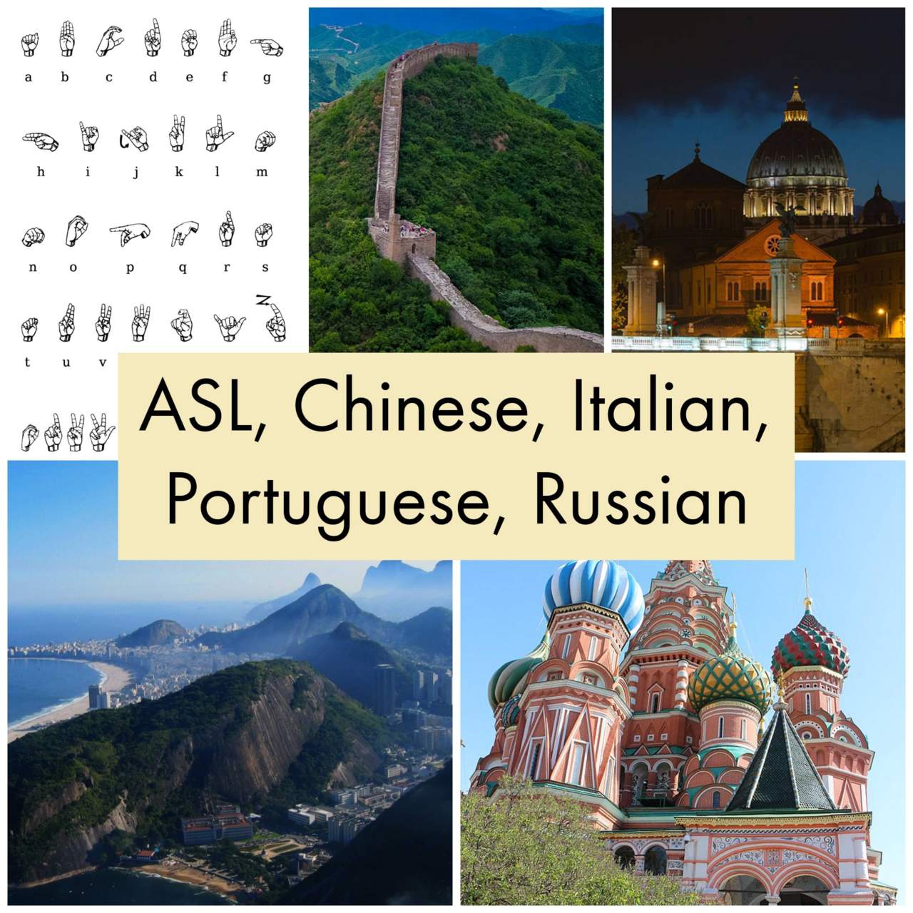 Text: ASL, Chinese, Italian, Portuguese, Russian. Images: ASL alphabet,  public domain, The Great Wall of China at Jinshanling, photo by Severin.stalder, CC BY 3.0 license, Ponte Vittorio Emanuele II San Pietro, Rome, Italy. Photo by Jebulon, CC BY 3.0 license, A view of Rio de Janeiro in the direction of Copacabana and Ipanema, from Sugarloaf mountain, Breogan37, CC BY-SA 3.0 license, Saint Basil's Cathedral (Cathedral of the Protection of Most Holy Theotokos on the Moat) on Red Square in Moscow (Russia). Photo by Alvesgaspar, CC BY 3.0 license