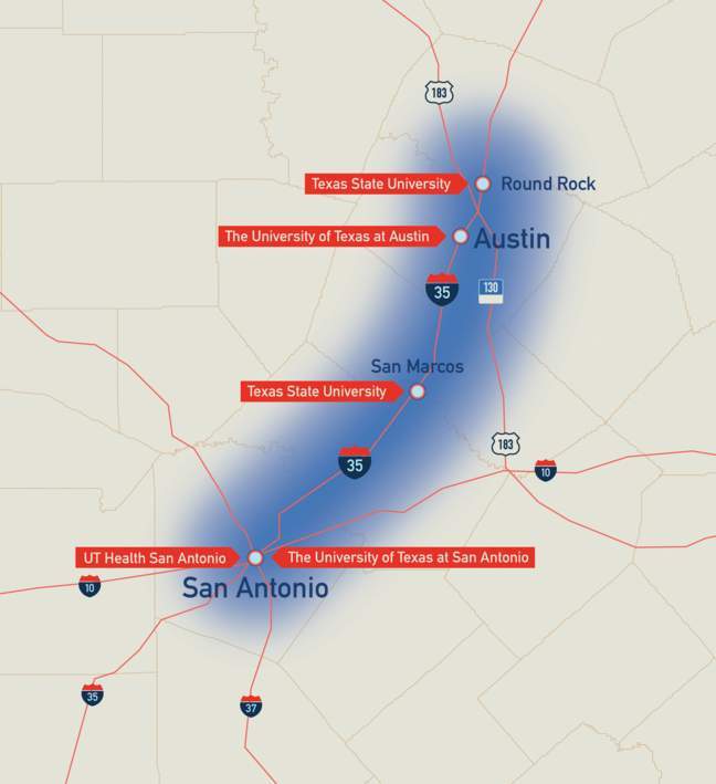 Map picture highlighted betweek San Antonio and Austin