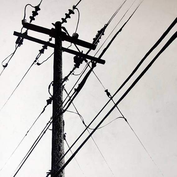 Student work: drawing of power lines sillhouetted against a bright sky