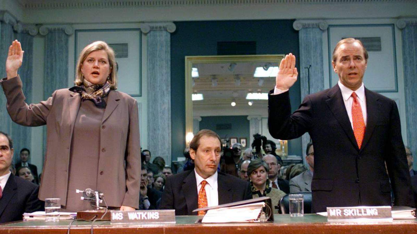 Sherron Watkins and Jeffrey Skilling testifying during Enron scandal in early 2000s