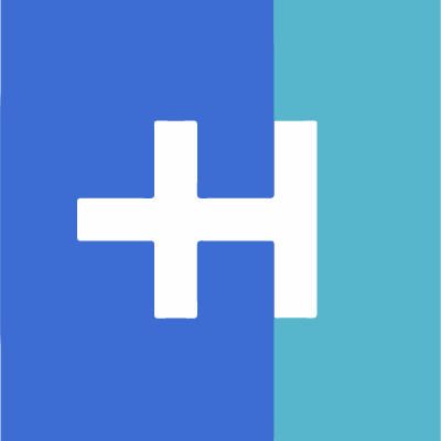 Square with two blue shades in half with a capital white "H" in the middle.
