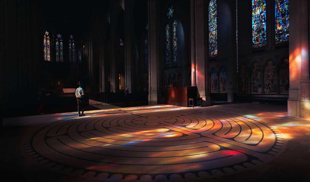 stain glass reflecting on the floor of cathedral 