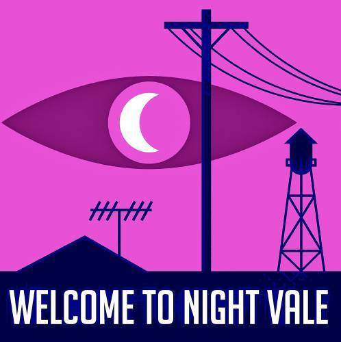 Large purple eye with crescent moon as eye pupil overlooking town with powerline and water tower