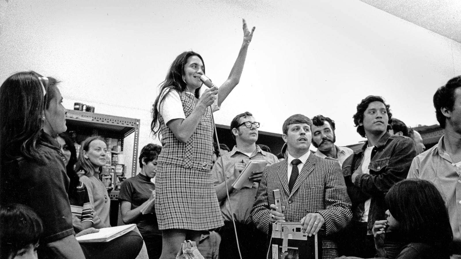 Dolores Huerta speaking at a protest