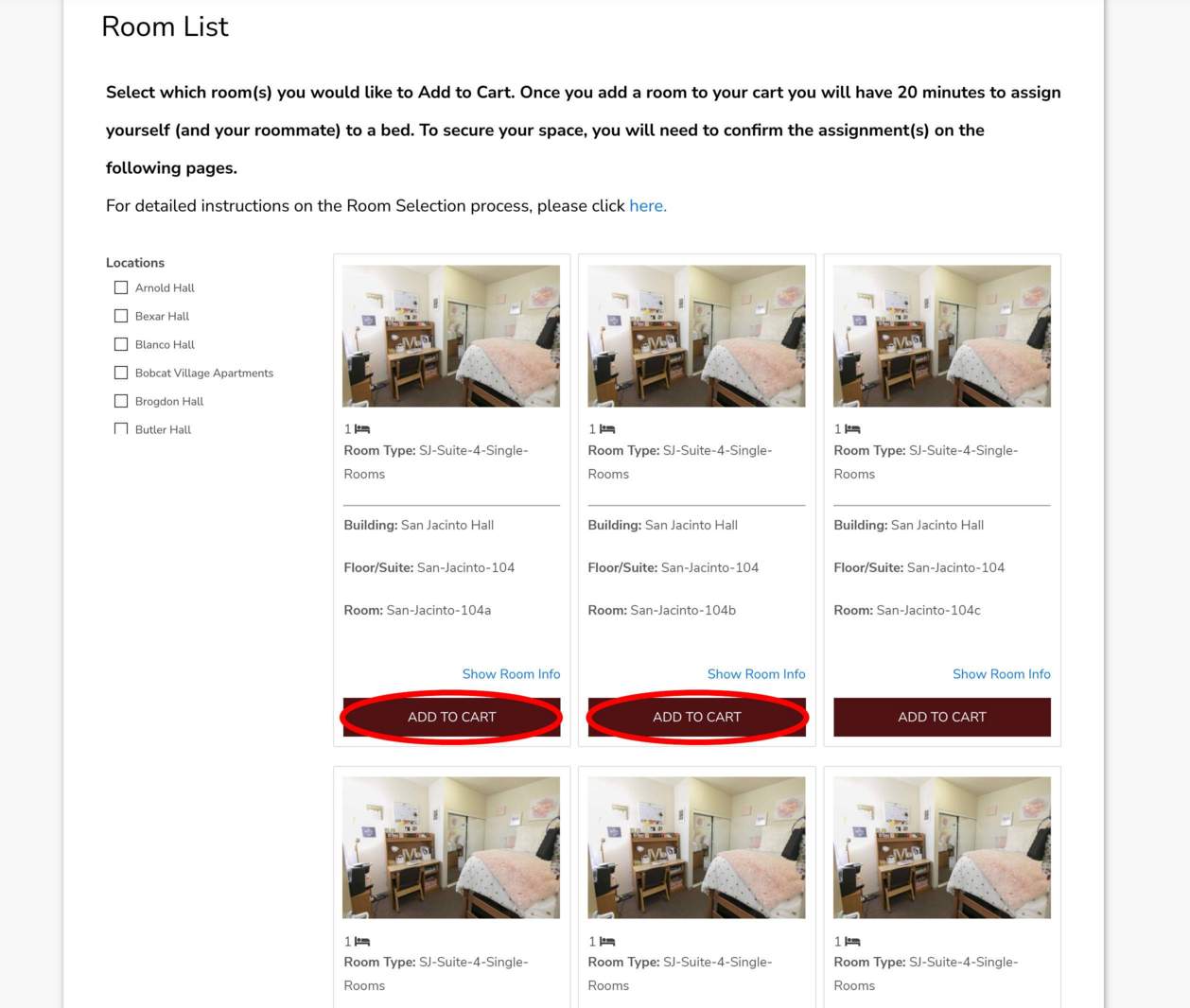Screenshot of Room List page in the Housing Portal.