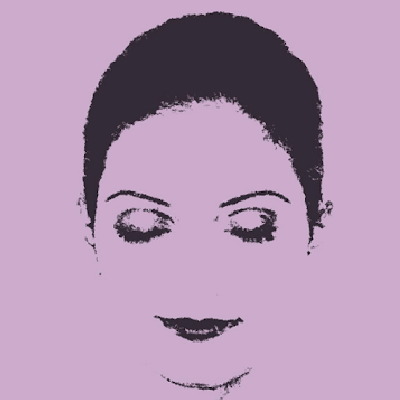 A Face is shown with the person's eyes closed and smiling on a light purple background.