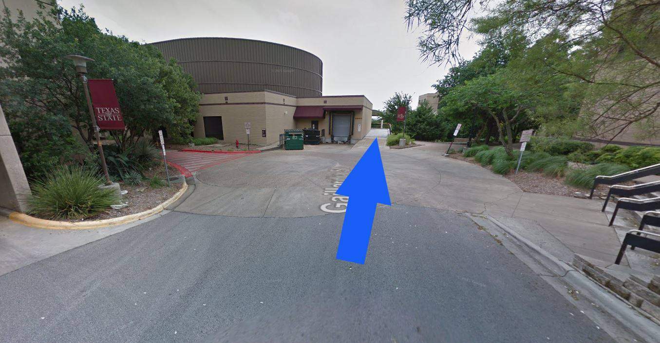 Entrance to third floor of LBJ student center notated with blue arrow pointing towards entrance. 