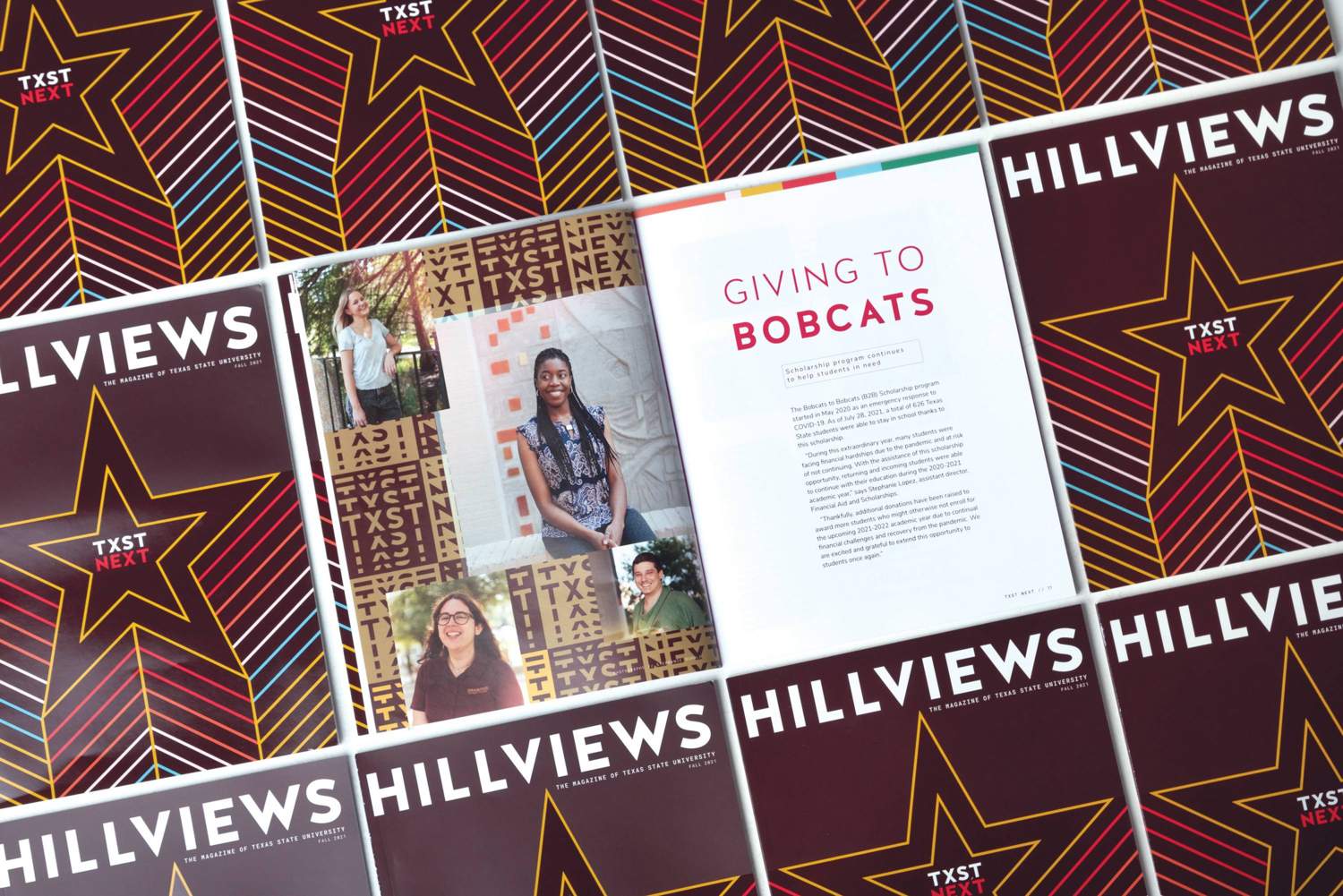 A Hillviews layout uses white space, sans serif fonts, prominent photography, and bright colors to achieve a clean, modern look.