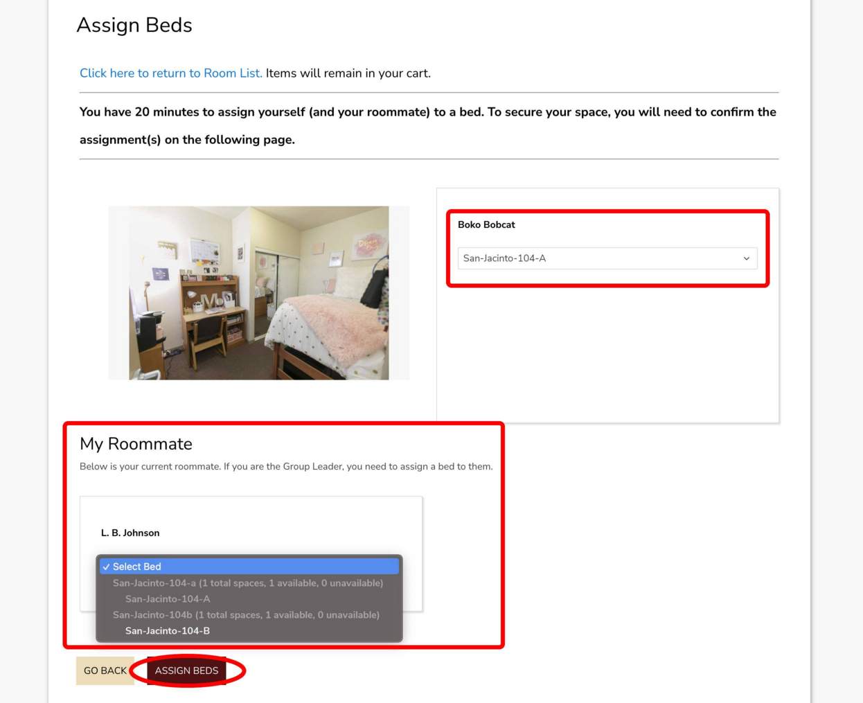 Screenshot of Assign Beds page in the Housing Portal.