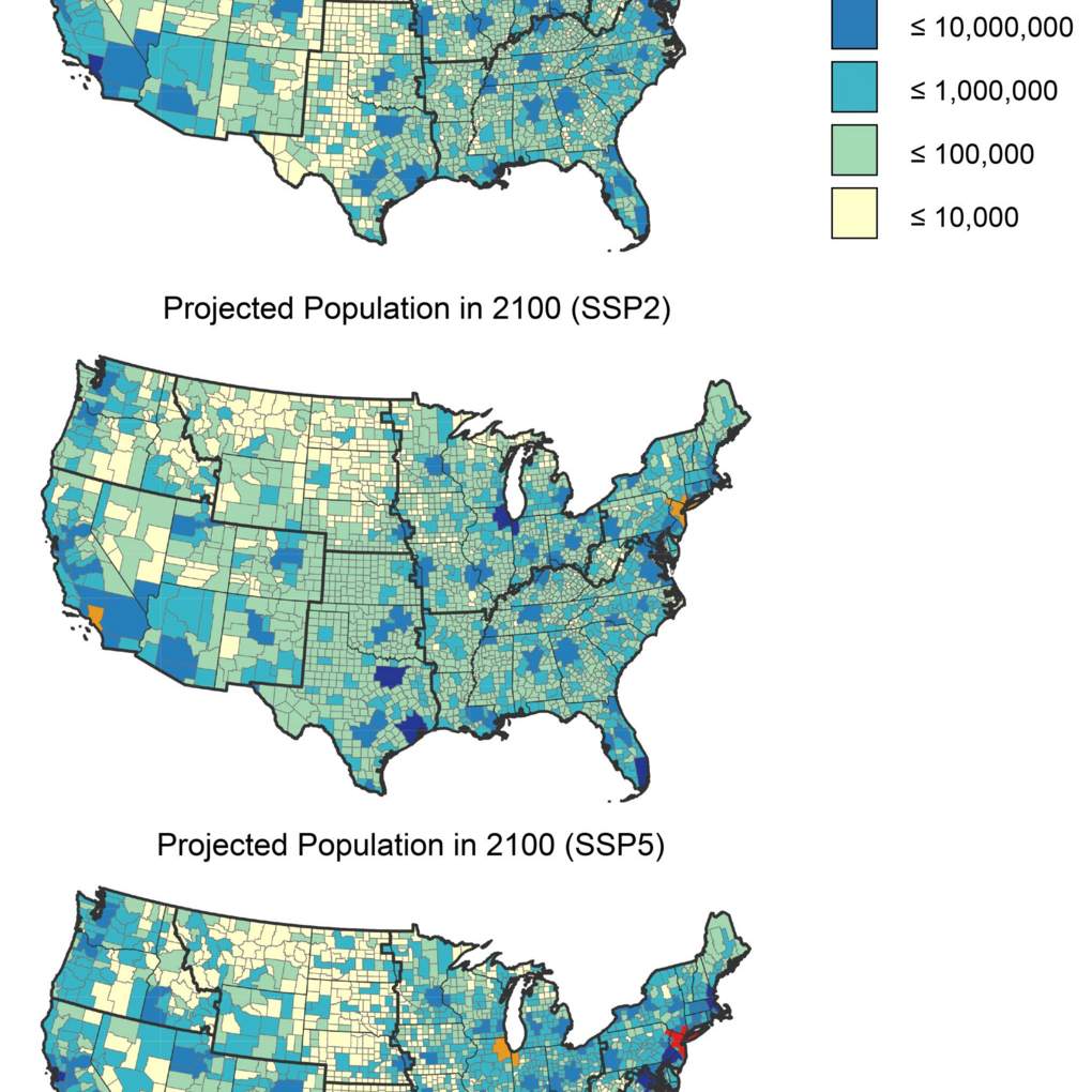 maps of current population along with population projections by county for the year 2100