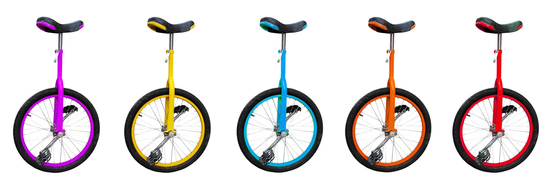 Five brightly colored unicycles