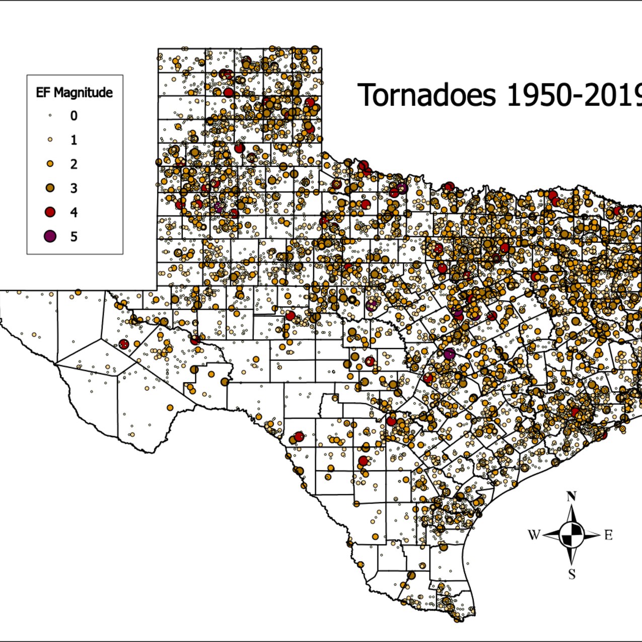 Locations and magnitudes of tornadoes in Texas, 1950-2019