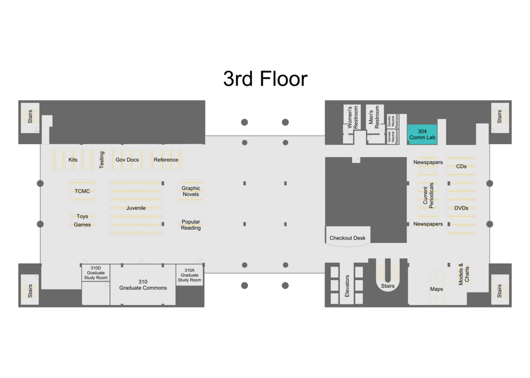 Map of third floor with some of the listed items located