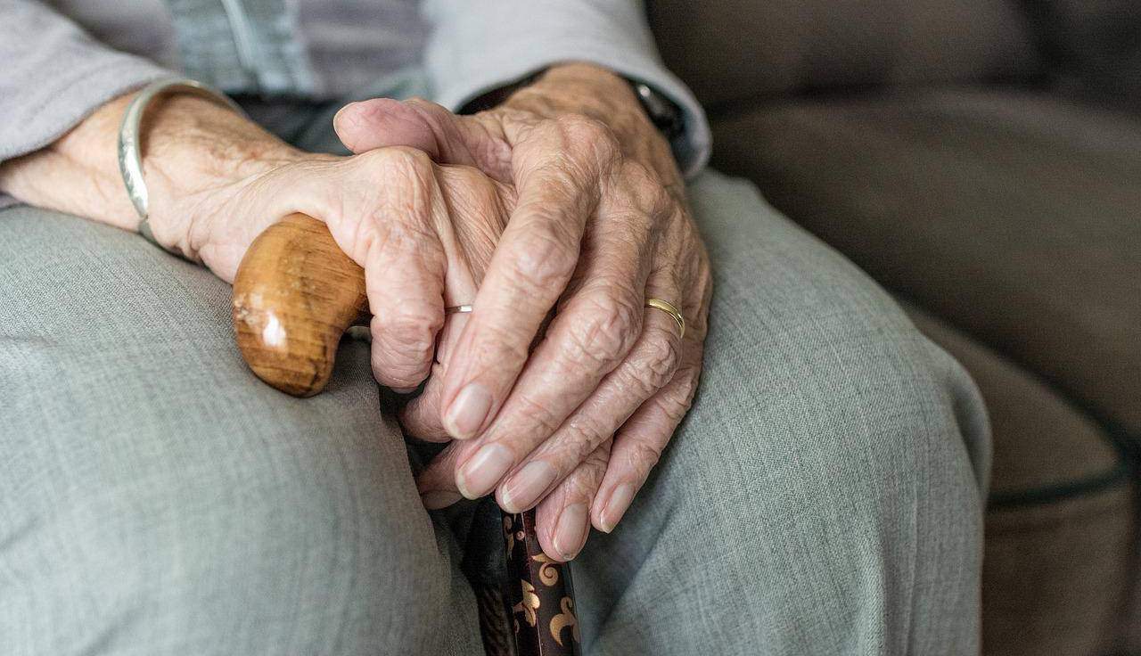 elderly woman's hands holding onto cane