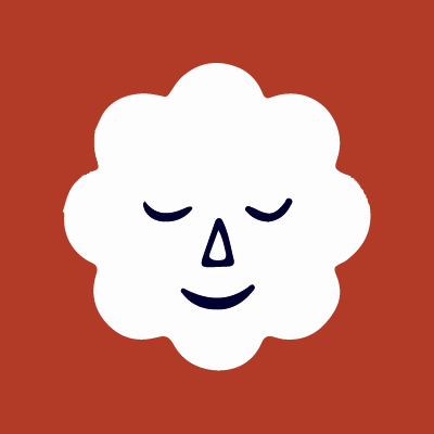 White cloud with a triangle nose an half circle outlines for eyes and a smile on a red background.