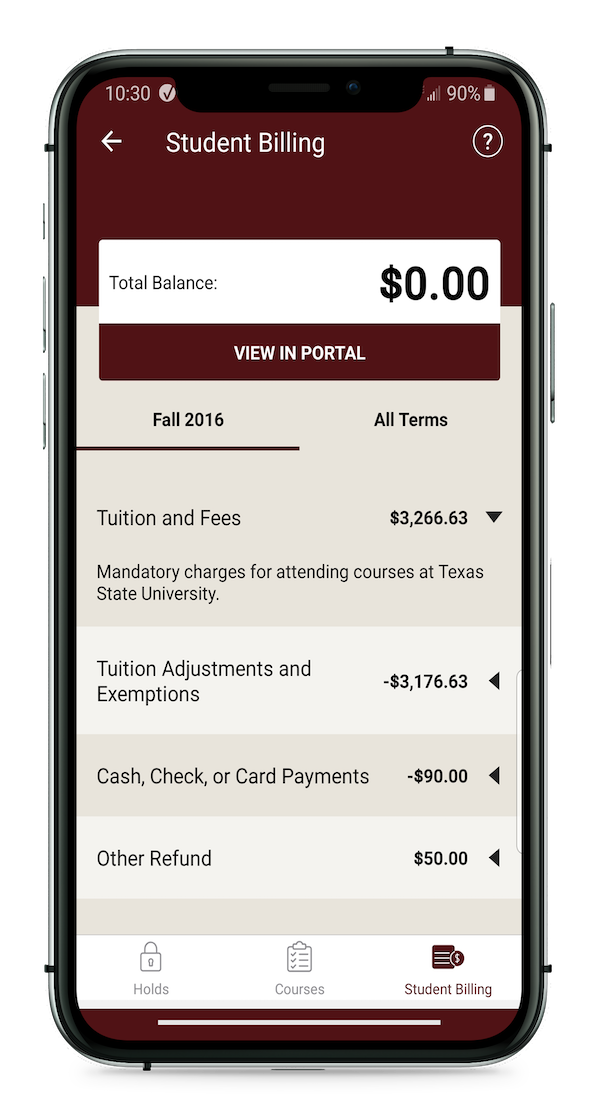 student billing screen with breakdown of prices on phone
