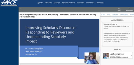 Dr. Lisa Baumgartner virtually presenting on improving scholarly discourse.