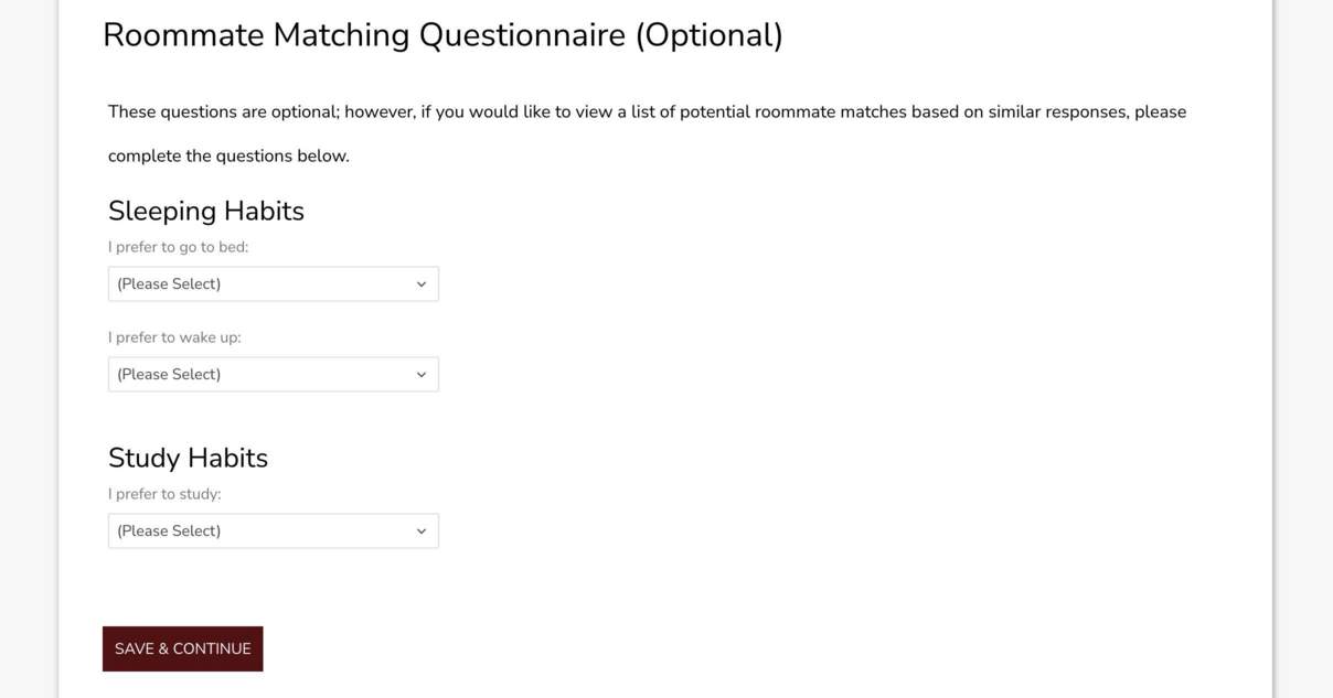 Screenshot of Roommate Matching Questionnaire in the Housing Portal.