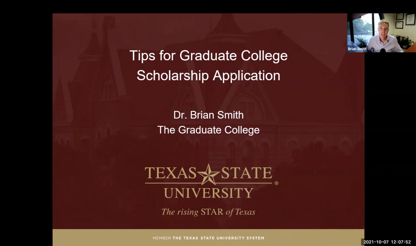a still image from the video with text that reads "tips for graduate college scholarship application, dr. brian smith, the graduate college"
