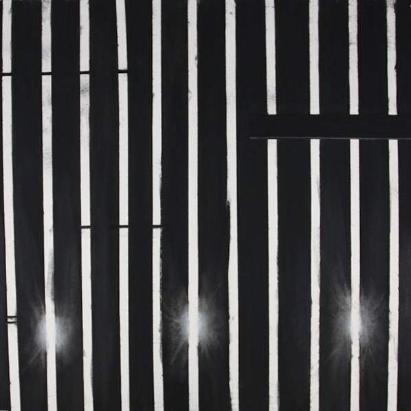 Student work:an abstract, high contrast drawing of vertical stripes with what looks like light shinking through the gaps