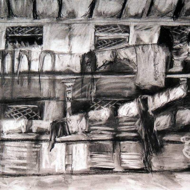 Student work: a loose drawing of a cluttered interior space