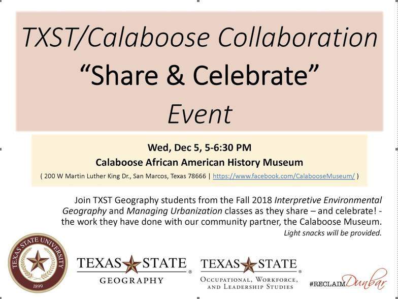 TXST/Calaboose Collaboration “Share & Celebrate” Event flyer