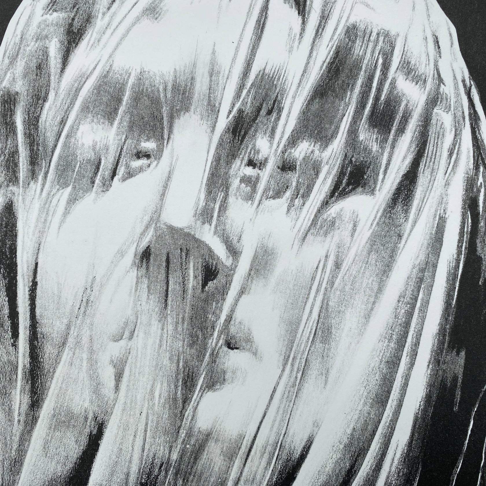 Student work: black and white print of a face under a transluscent shroud