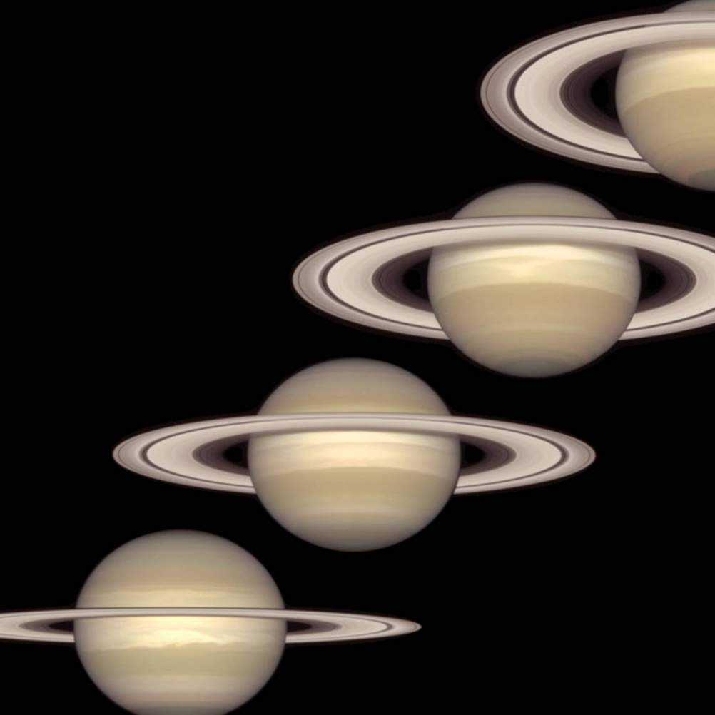The rings of Saturn can take on different orientations, as seen in this sequence of four images taken by the Hubble Space Telescope over the course of several years. The image at the upper right nearly matches the tilt of the rings on the night when Longfellow observed the planet. When the ring plane is inclined by 23½° to the line of sight, the reflected light from the rings contributes to making the total luminosity more than twice as bright as the light coming from the round ball of the planet alone, further helping to explain why Saturn caught Longfellow’s eye. (Images courtesy NASA and the Hubble Heritage Team)