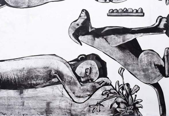 black and white painting titled 'after thoughts'