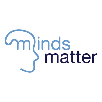 "Minds Matter" typed out in two different shades of blue. The initial "M" spreads into an outline of a human head. The "M" in the head depicts a brain.
