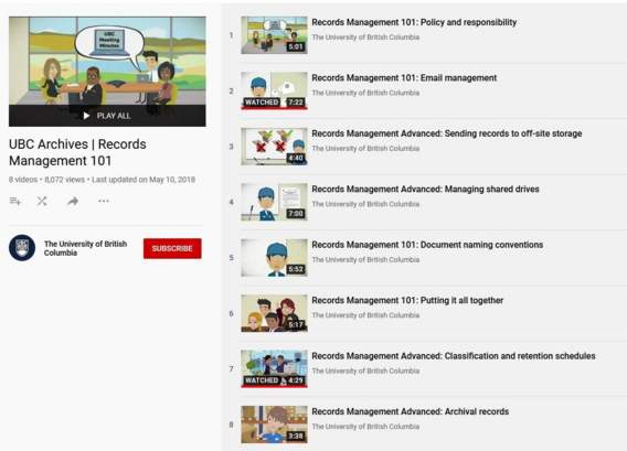 Screenshot of YouTube page of Records Management videos