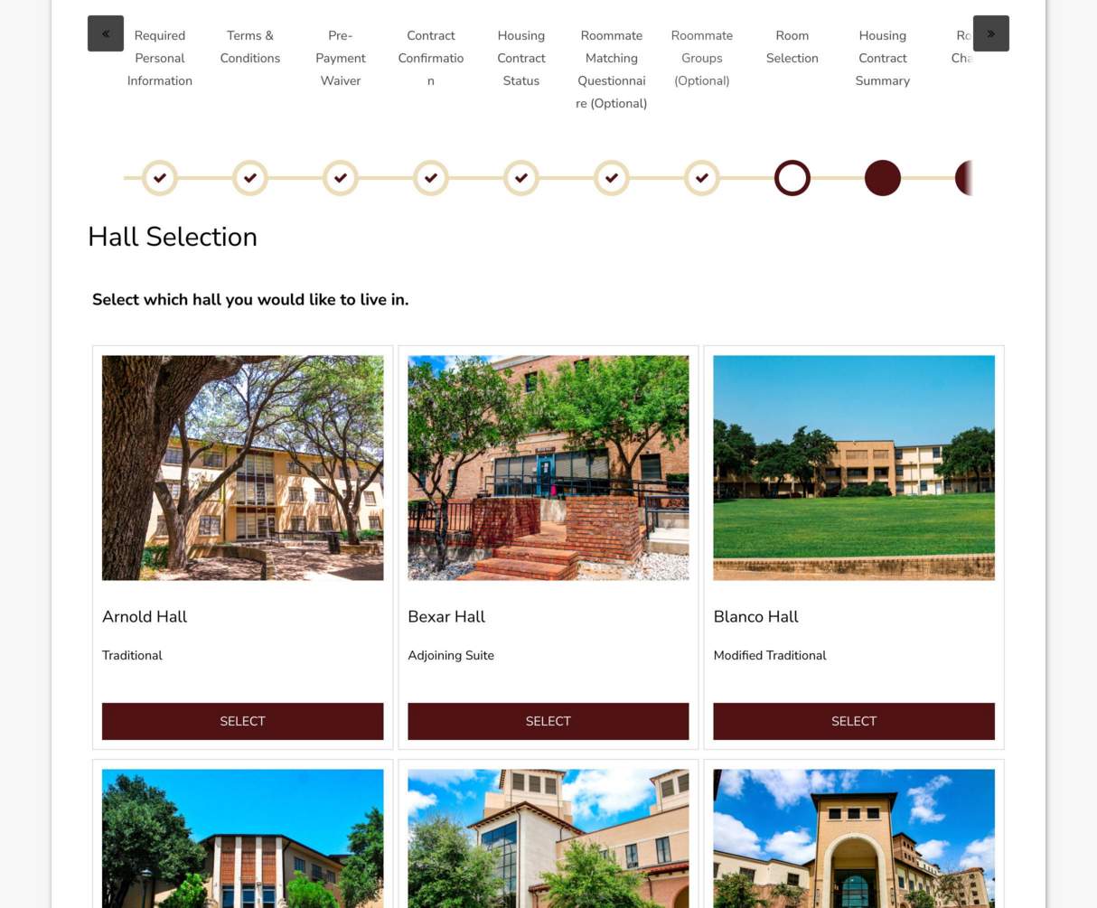 Screenshot of Hall Selection page in the Housing Portal.