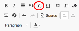 The remove formatting icon on the rich editor appears as the letter T with an underline and an X in front of it.