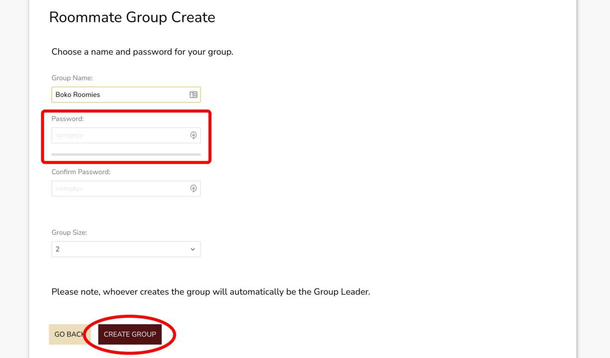 Screenshot of Roommate Group Create page in the Housing Portal.